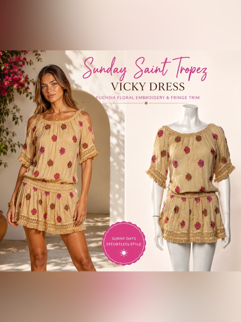 Sunday Saint Tropez Vicky Dress OS Made In France Boho Resort Vacation Mini